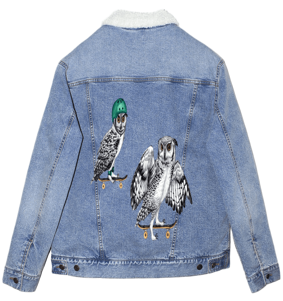 OWLS ON SKATEBOARDS by Amélie Legault custom denim jacket by DenimINK