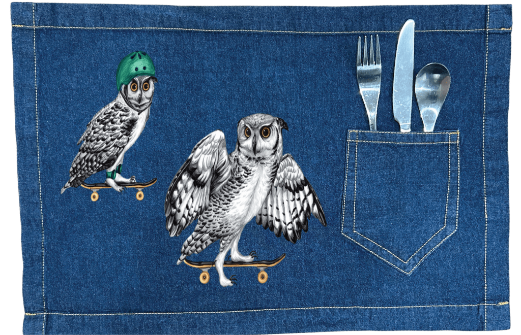 OWLS ON SKATEBOARDS by Amélie Legault custom denim jacket by DenimINK