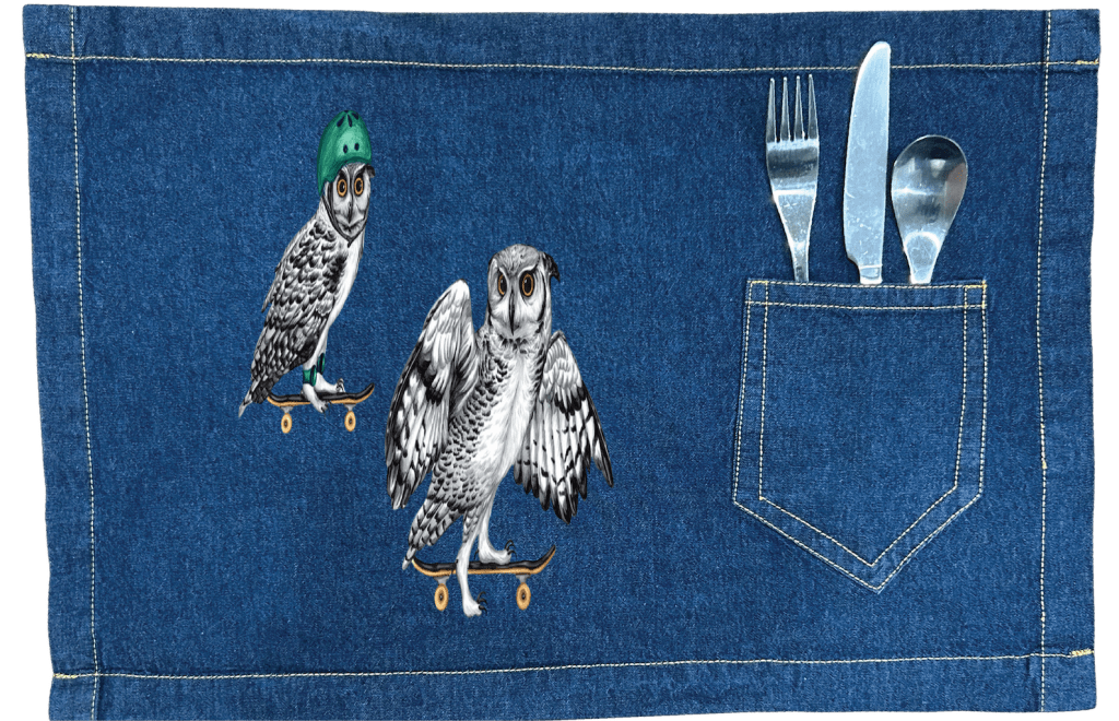 OWLS ON SKATEBOARDS by Amélie Legault custom denim jacket by DenimINK