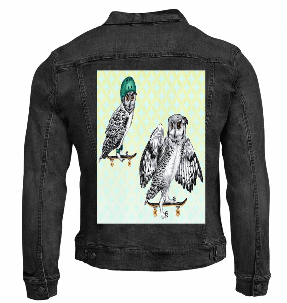 OWLS ON SKATEBOARDS with background by Amélie Legault custom denim jacket by DenimINK