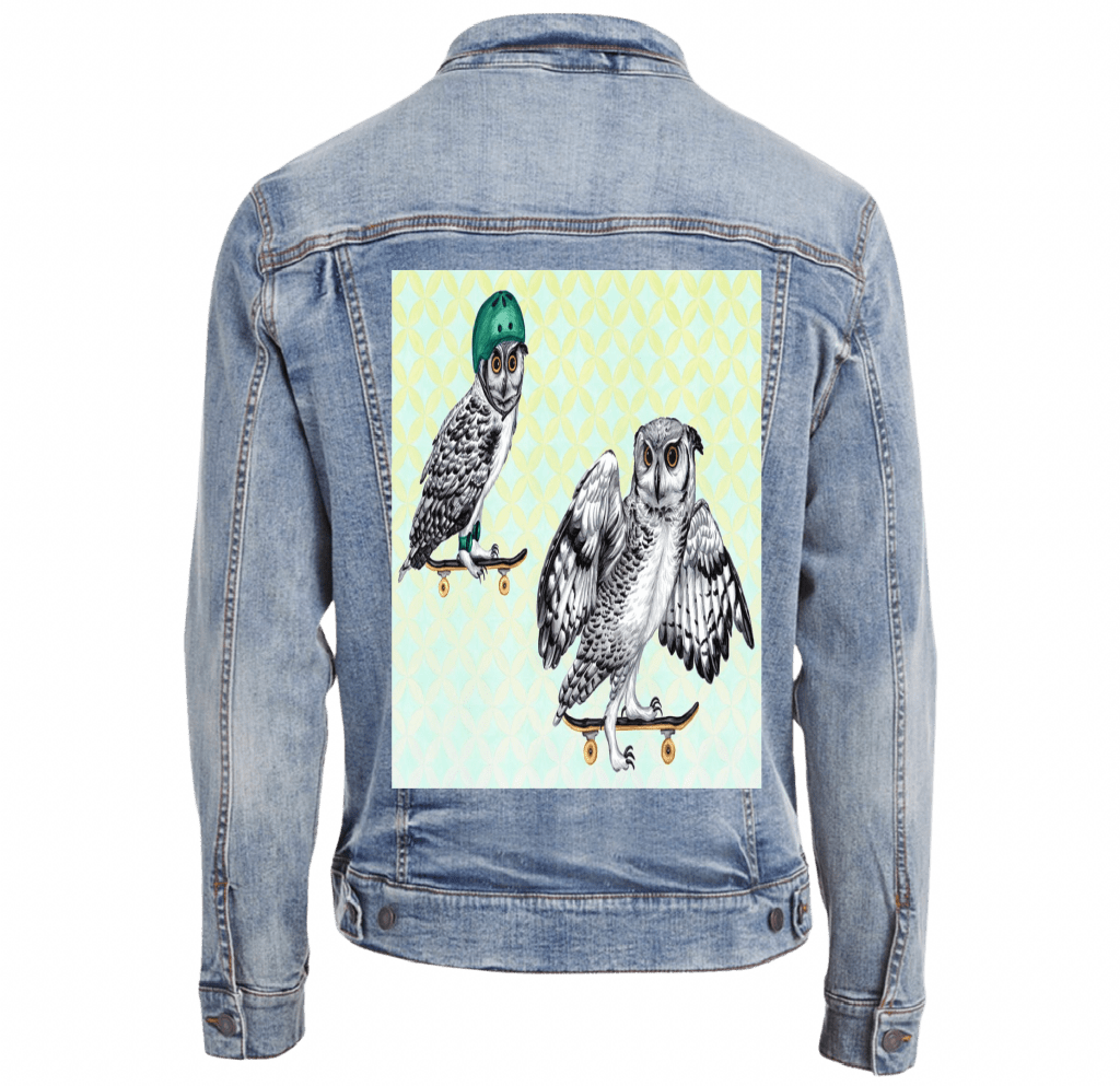 OWLS ON SKATEBOARDS with background by Amélie Legault custom denim jacket by DenimINK