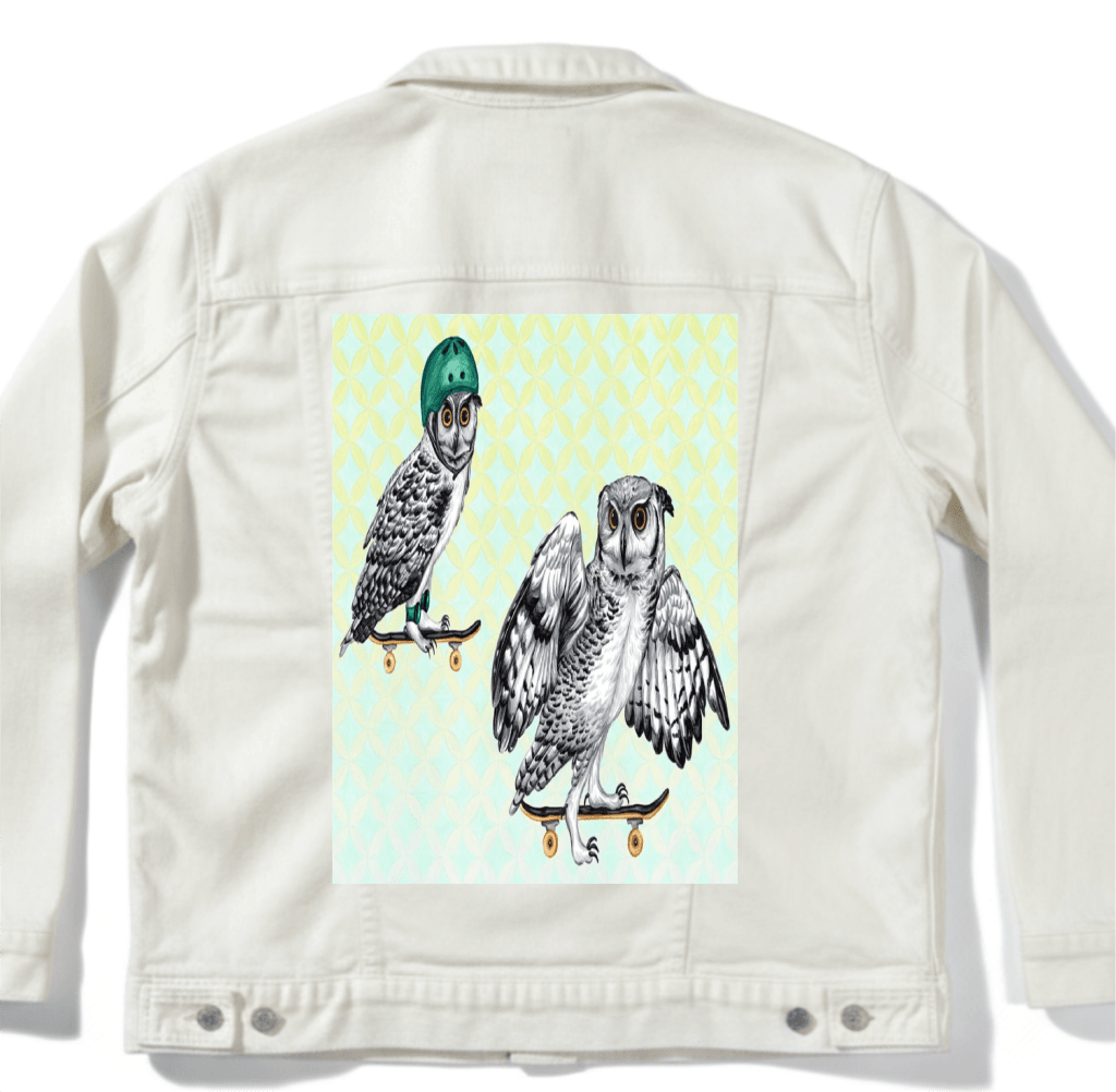OWLS ON SKATEBOARDS with background by Amélie Legault custom denim jacket by DenimINK