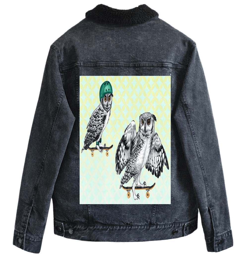 OWLS ON SKATEBOARDS with background by Amélie Legault custom denim jacket by DenimINK