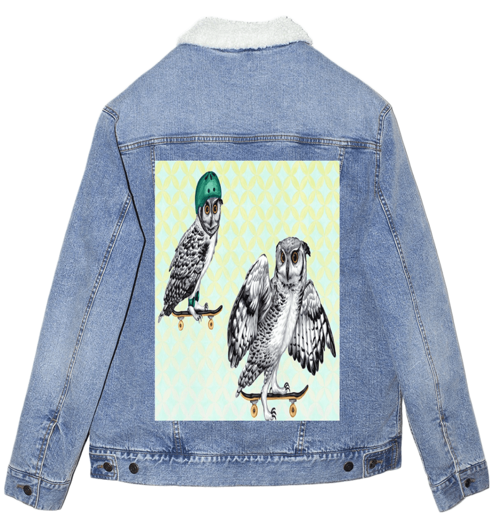 OWLS ON SKATEBOARDS with background by Amélie Legault custom denim jacket by DenimINK