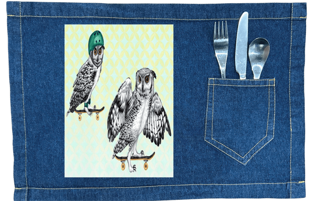 OWLS ON SKATEBOARDS with background by Amélie Legault custom denim jacket by DenimINK
