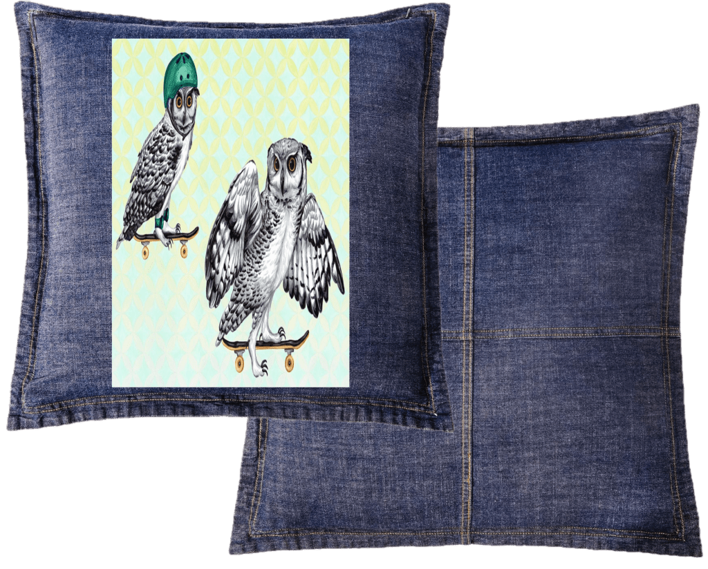 OWLS ON SKATEBOARDS with background by Amélie Legault custom denim jacket by DenimINK