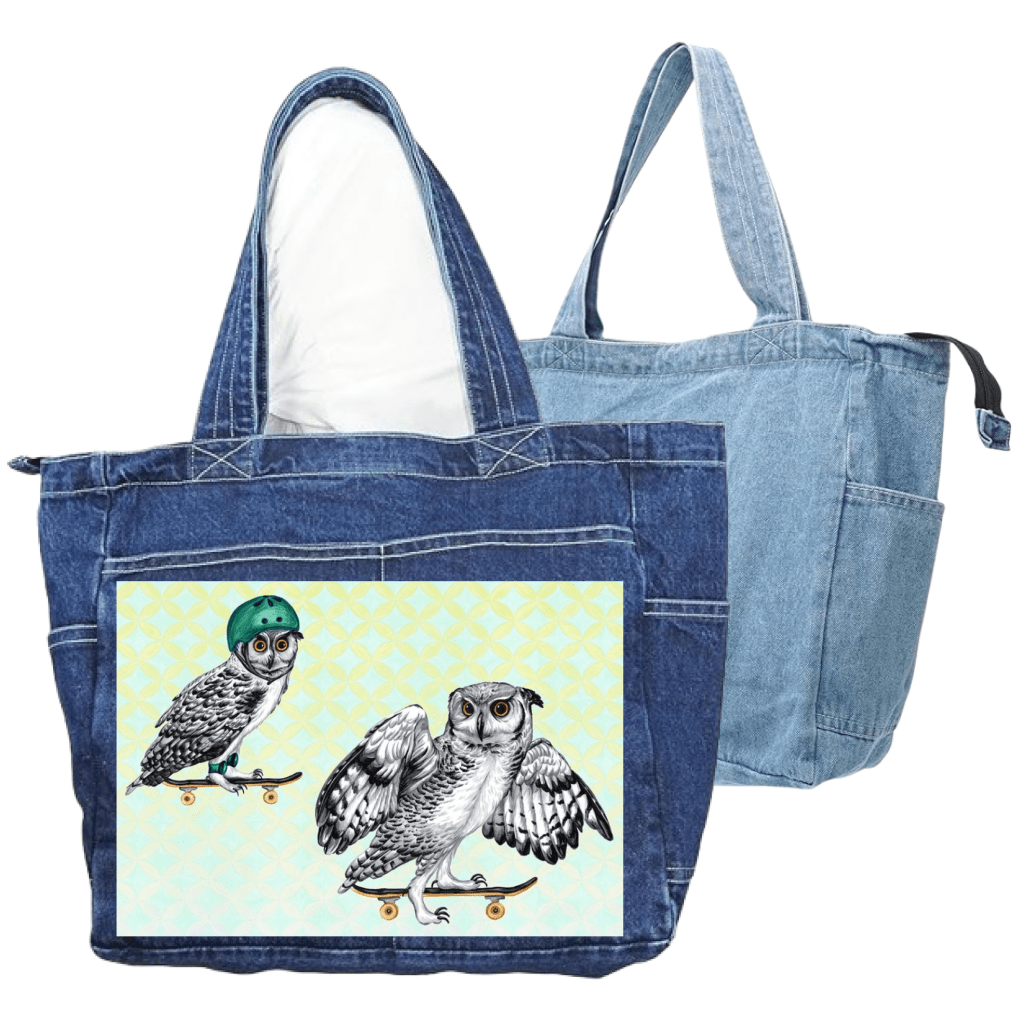 OWLS ON SKATEBOARDS with background by Amélie Legault custom denim jacket by DenimINK