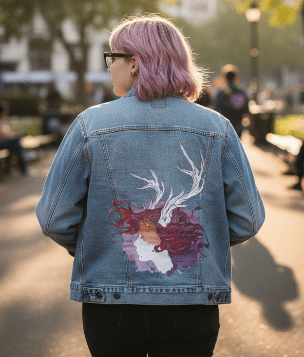 PAGAN QUEEN by JESS ADAMS, digitally printed on DENIM products: throw pillows, aprons, table place mats, and hand-crafted Unisex Denim Jackets in 3 color choices