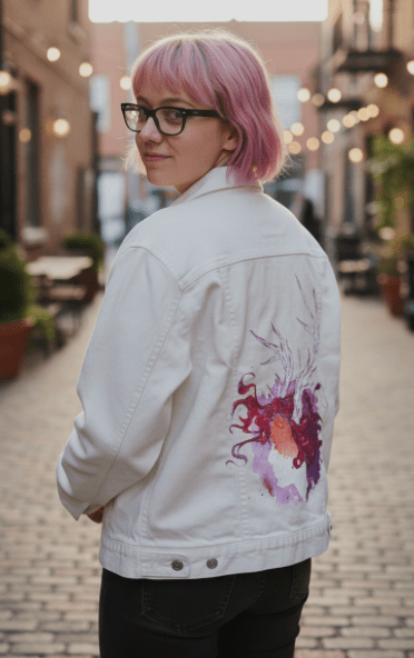 PAGAN QUEEN by JESS ADAMS, digitally printed on DENIM products: throw pillows, aprons, table place mats, and hand-crafted Unisex Denim Jackets in 3 color choices