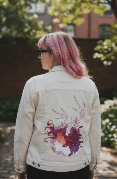 PAGAN QUEEN by JESS ADAMS, digitally printed on DENIM products: throw pillows, aprons, table place mats, and hand-crafted Unisex Denim Jackets in 3 color choices