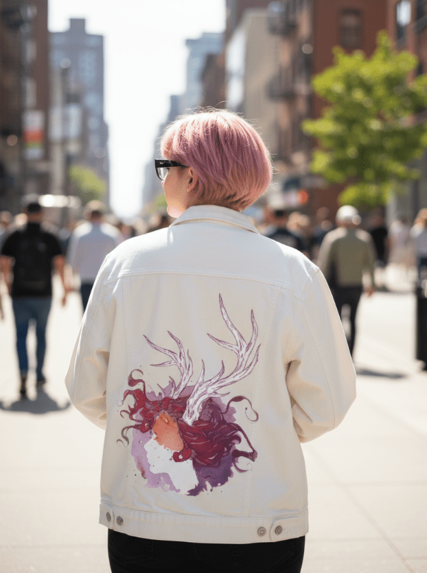 PAGAN QUEEN by JESS ADAMS, digitally printed on DENIM products: throw pillows, aprons, table place mats, and hand-crafted Unisex Denim Jackets in 3 color choices