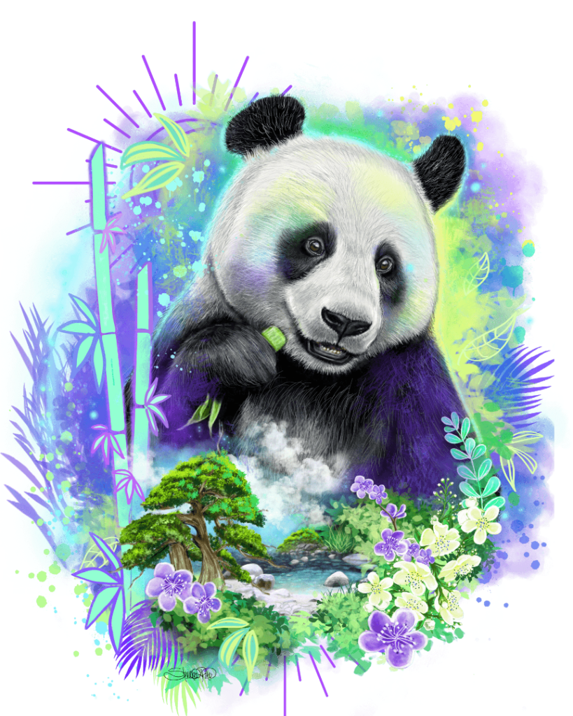 illustration of a giant panda facing forward, holding a green bamboo stalk near its mouth with one paw. the panda’s fur is detailed in black, white, and soft gray, with round ears and gentle dark eyes. behind and around it are glowing teal, green, purple, and blue paint splashes, bamboo silhouettes, and floral motifs. a small river, stones, trees, and purple and white blossoms appear at the bottom, blending into misty clouds. this artwork is titled “Panda Spirit” and created by Sheena Pike