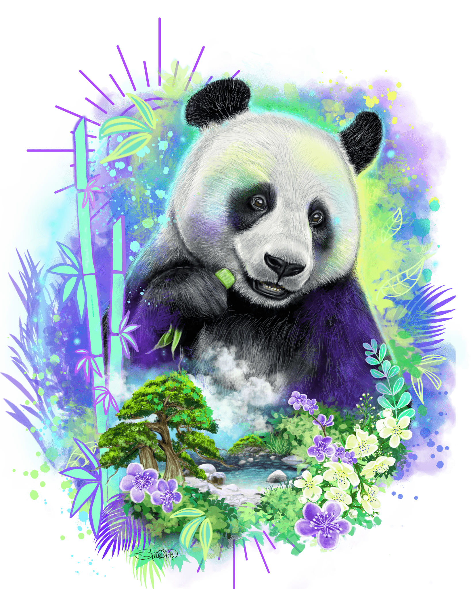 PANDA SPIRIT by SHEENA PIKE,printed by DenimINK on hand-crafted Denim Jackets and other denim products and other denim products: tote bags, throw pillows, table place mats, aprons