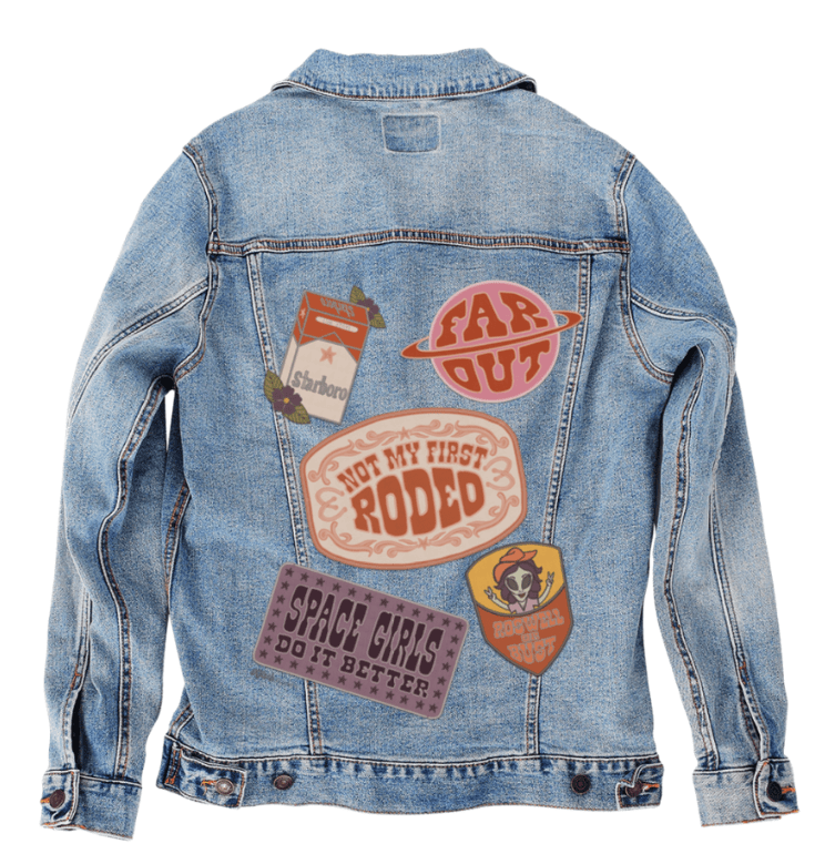PATCHES ALL NoBG  by KITSCH AND CURATE,printed by DenimINK on hand-crafted Denim Jackets and other denim products and other denim products: tote bags, throw pillows, table place mats, aprons