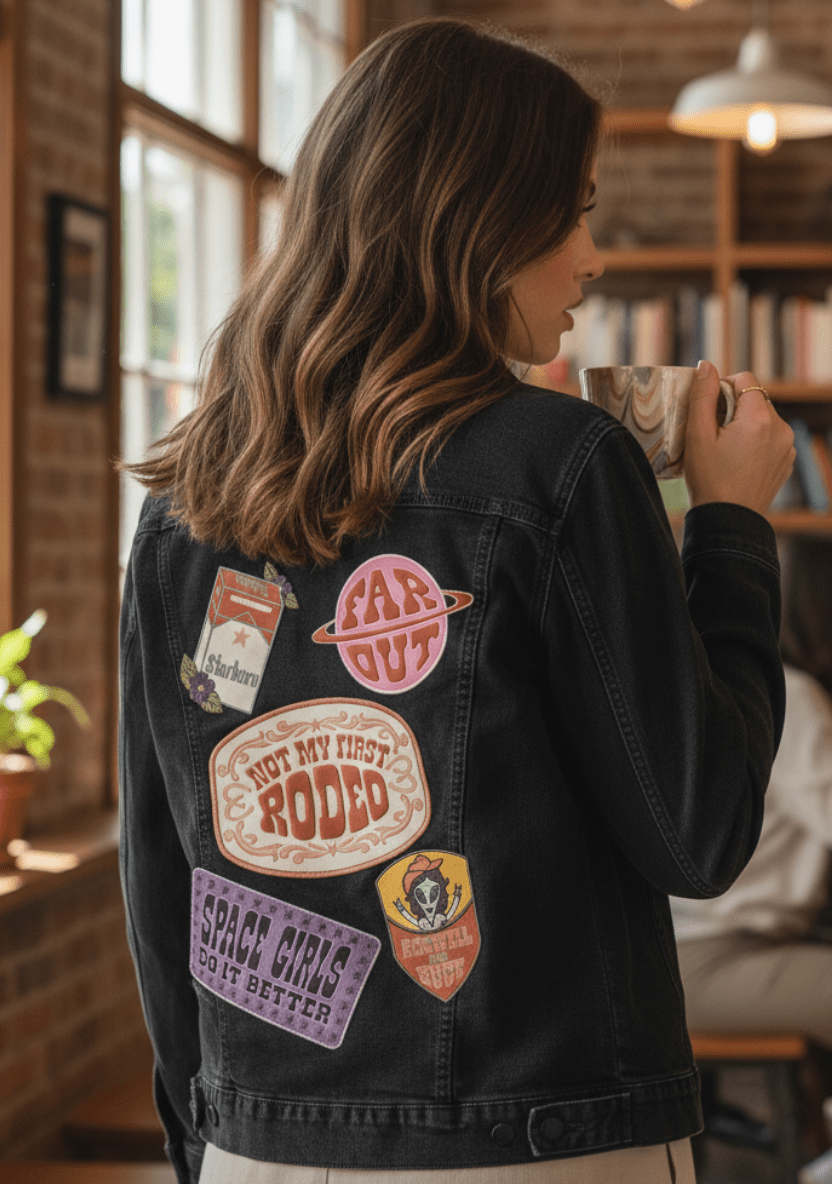 PATCHES ALL NoBG  by KITSCH AND CURATE,printed by DenimINK on hand-crafted Denim Jackets and other denim products and other denim products: tote bags, throw pillows, table place mats, aprons