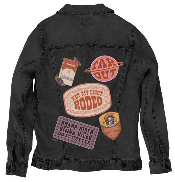 PATCHES ALL NoBG  by KITSCH AND CURATE,printed by DenimINK on hand-crafted Denim Jackets and other denim products and other denim products: tote bags, throw pillows, table place mats, aprons