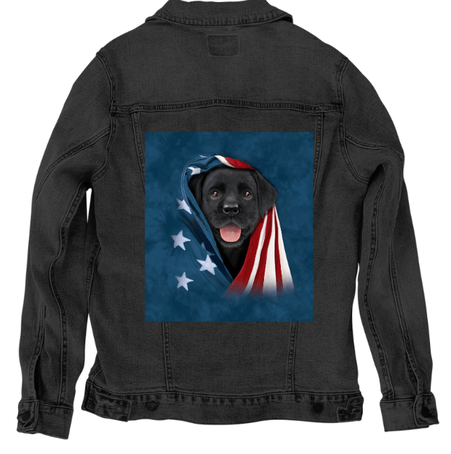 PATRIOTIC BLACK LAB PUPPY by VINCENT HIE, printed on denim jackets and other denim products: tote bags, throw pillows, table place mats, aprons