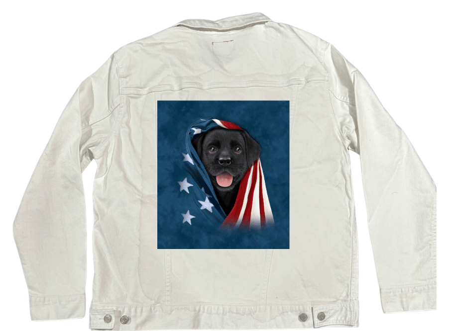 PATRIOTIC BLACK LAB PUPPY by VINCENT HIE, printed on denim jackets and other denim products: tote bags, throw pillows, table place mats, aprons