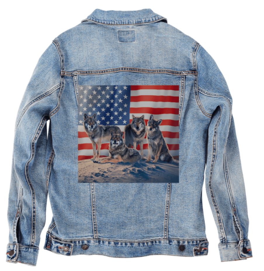 PATRIOTIC FOUR by VINCENT HIE, printed on denim jackets and other denim products: tote bags, throw pillows, table place mats, aprons