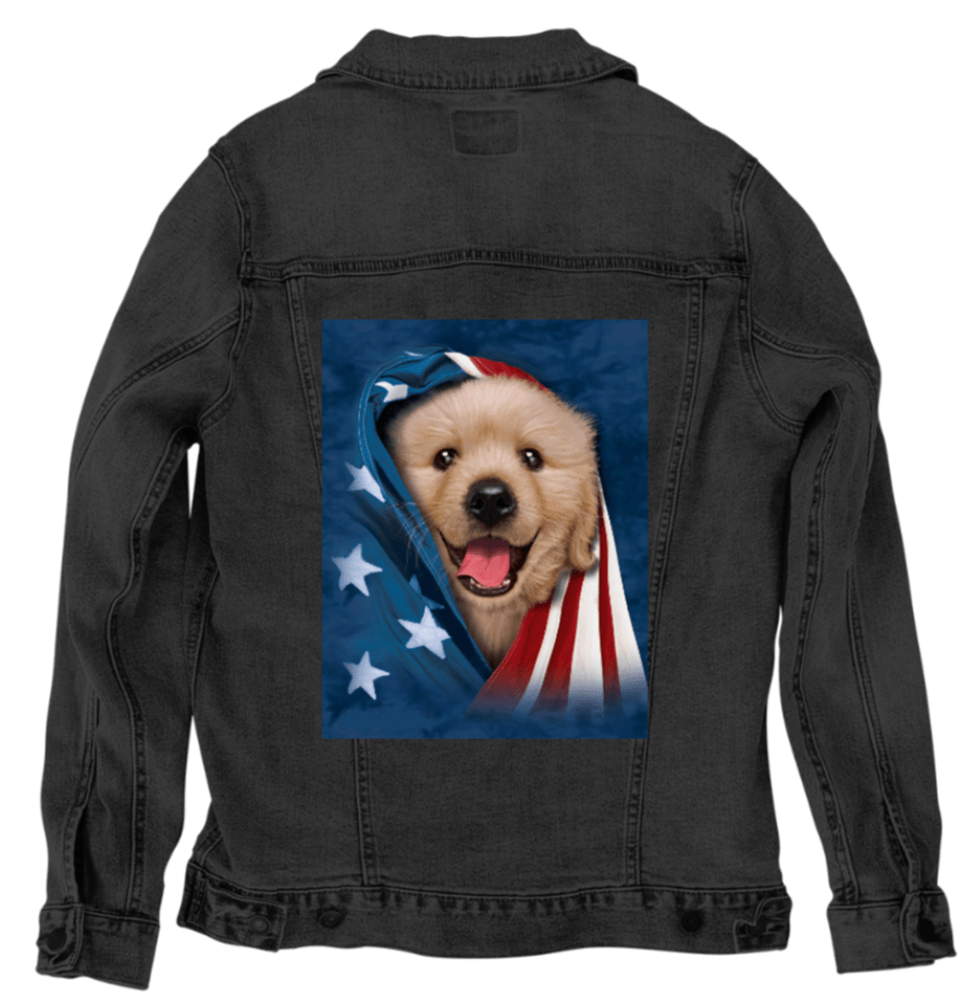 PATRIOTIC GOLDEN RETRIEVER by VINCENT HIE, printed on denim jackets and other denim products: tote bags, throw pillows, table place mats, aprons