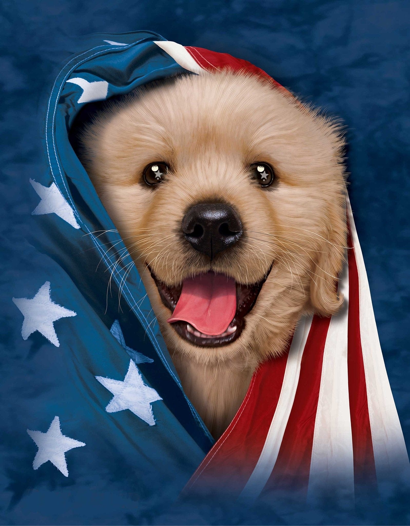 PATRIOTIC GOLDEN RETRIEVER by VINCENT HIE, printed on denim jackets and other denim products: tote bags, throw pillows, table place mats, aprons