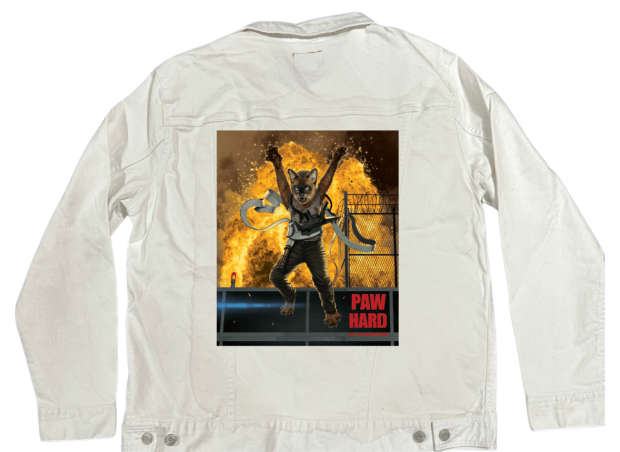 PAW HARD by VINCENT HIE, printed on denim jackets and other denim products: tote bags, throw pillows, table place mats, aprons