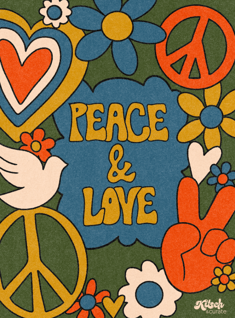 PEACE AND LOVE GREEN by KITSCH AND CURATE, printed on denim jackets and other denim products: tote bags, throw pillows, table place mats, aprons