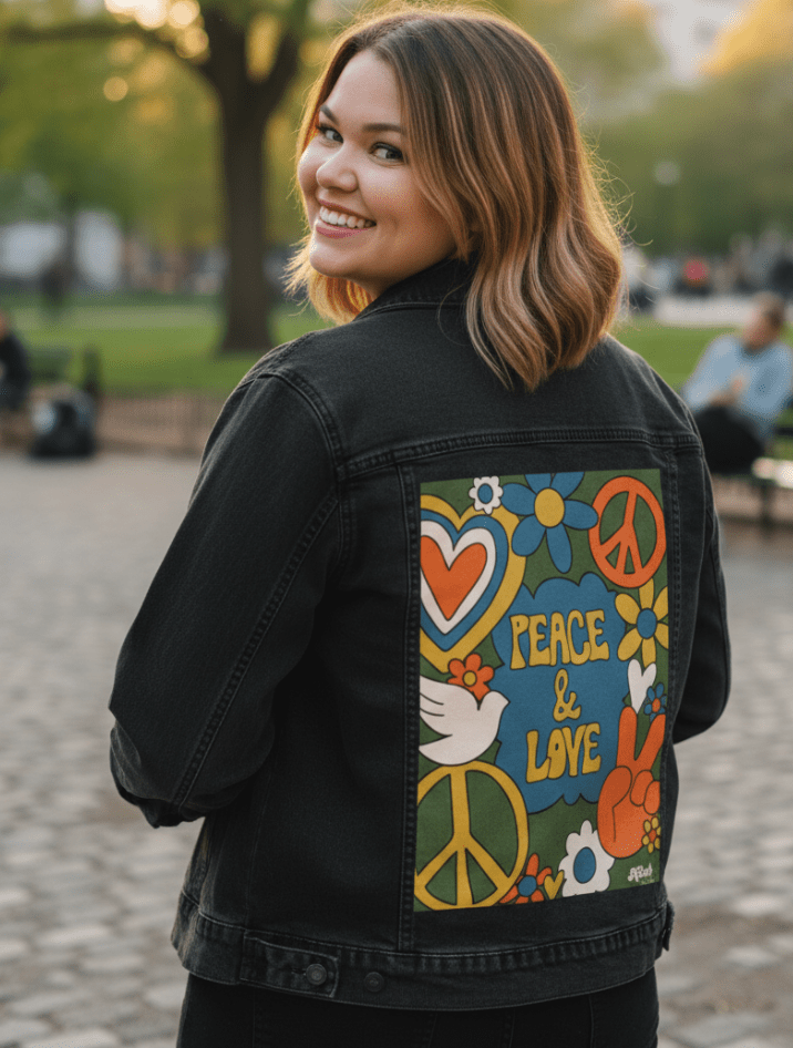 PEACE AND LOVE GREEN by KITSCH AND CURATE, printed on denim jackets and other denim products: tote bags, throw pillows, table place mats, aprons