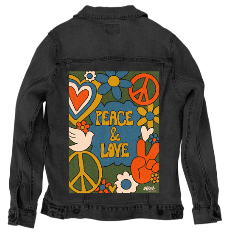 PEACE AND LOVE GREEN by KITSCH AND CURATE, printed on denim jackets and other denim products: tote bags, throw pillows, table place mats, aprons