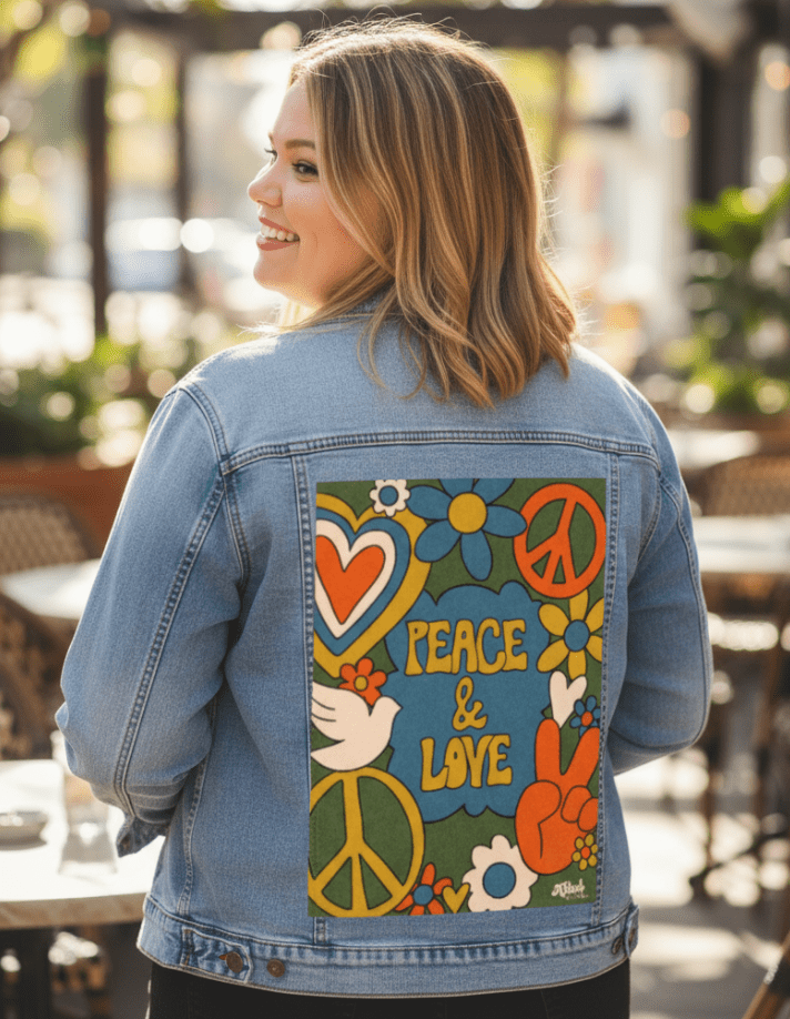 PEACE AND LOVE GREEN by KITSCH AND CURATE, printed on denim jackets and other denim products: tote bags, throw pillows, table place mats, aprons