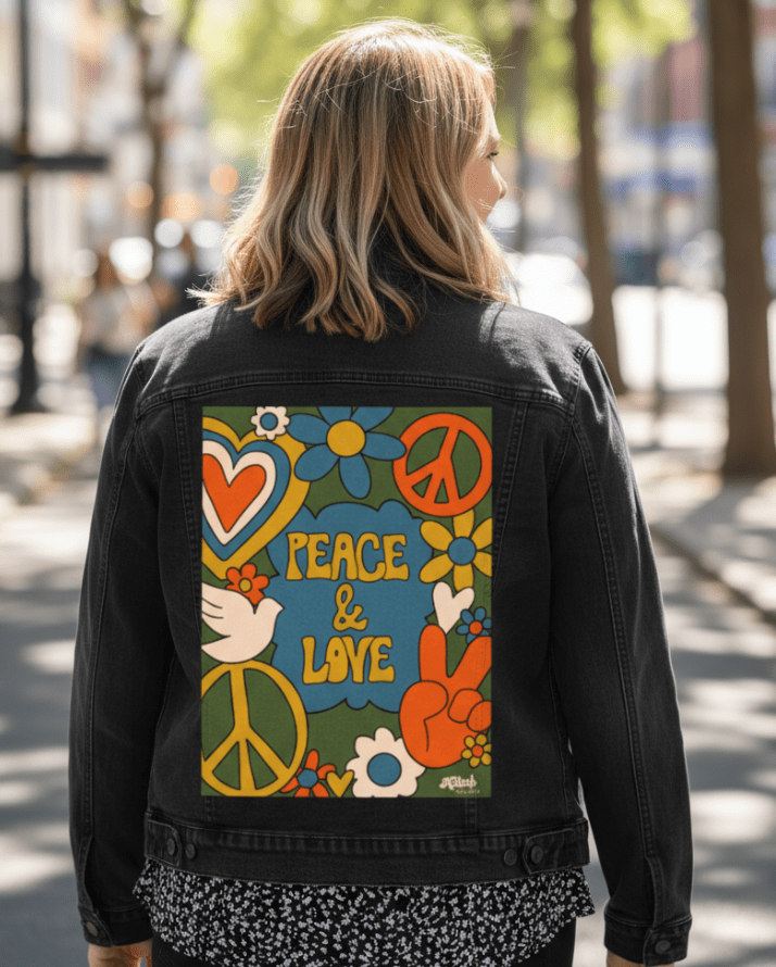 PEACE AND LOVE GREEN by KITSCH AND CURATE, printed on denim jackets and other denim products: tote bags, throw pillows, table place mats, aprons