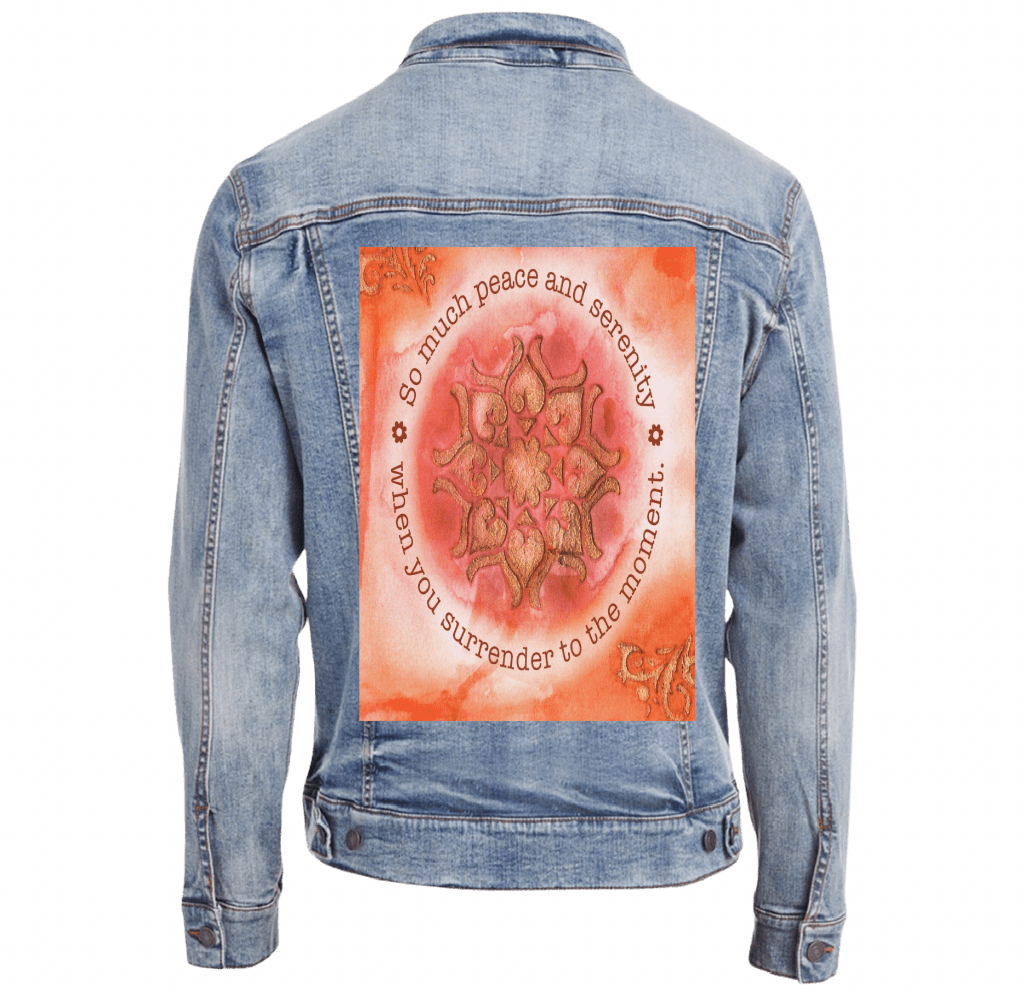 PEACE AND SERENITY by CANVAS and QUOTATIONS custom denim jacket by DenimINK