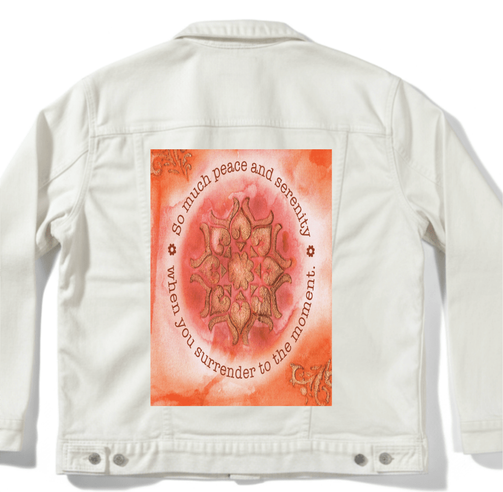 PEACE AND SERENITY by CANVAS and QUOTATIONS custom denim jacket by DenimINK