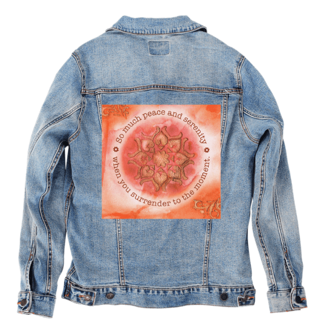PEACE AND SERENITY by CANVAS and QUOTATIONS, printed on denim jackets and other denim products: tote bags, throw pillows, table place mats, aprons custom denim jacket by DenimINK