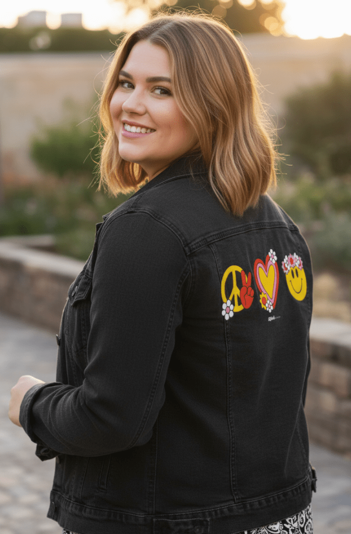 PEACE LOVE HAPPINESS by KITSCH AND CURATE, printed on denim jackets and other denim products: tote bags, throw pillows, table place mats, aprons