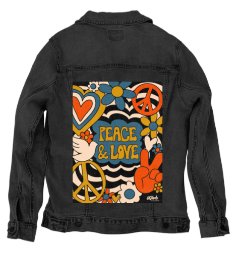 PEACE LOVE STRIPES by KITSCH AND CURATE, printed on denim jackets and other denim products: tote bags, throw pillows, table place mats, aprons