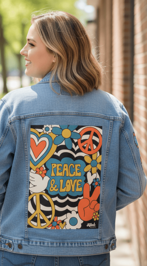 PEACE LOVE STRIPES by KITSCH AND CURATE, printed on denim jackets and other denim products: tote bags, throw pillows, table place mats, aprons