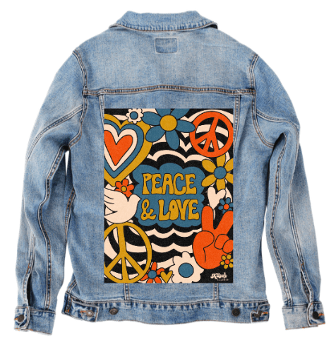 PEACE LOVE STRIPES by KITSCH AND CURATE, printed on denim jackets and other denim products: tote bags, throw pillows, table place mats, aprons