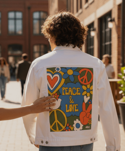 PEACE LOVE STRIPES by KITSCH AND CURATE, printed on denim jackets and other denim products: tote bags, throw pillows, table place mats, aprons