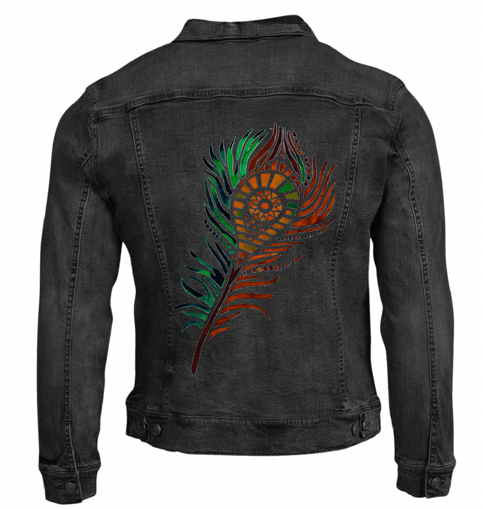 PEACOCK FEATHER by CANVAS and QUOTATIONS custom denim jacket by DenimINK