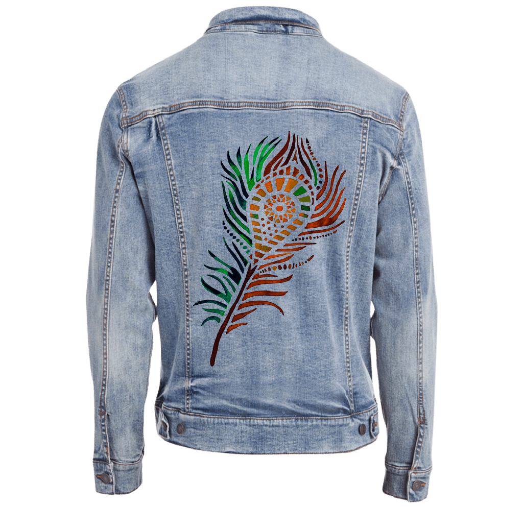 PEACOCK FEATHER by CANVAS and QUOTATIONS custom denim jacket by DenimINK