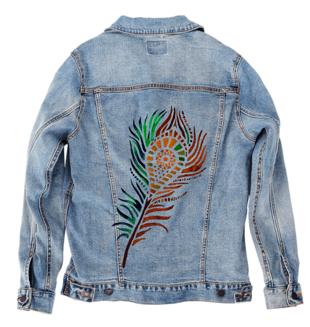 PEACOCK FEATHER by CANVAS and QUOTATIONS,printed by DenimINK on hand - crafted Denim Jackets and other denim products and other denim products: tote bags, throw pillows, table place mats, aprons custom denim jacket by DenimINK