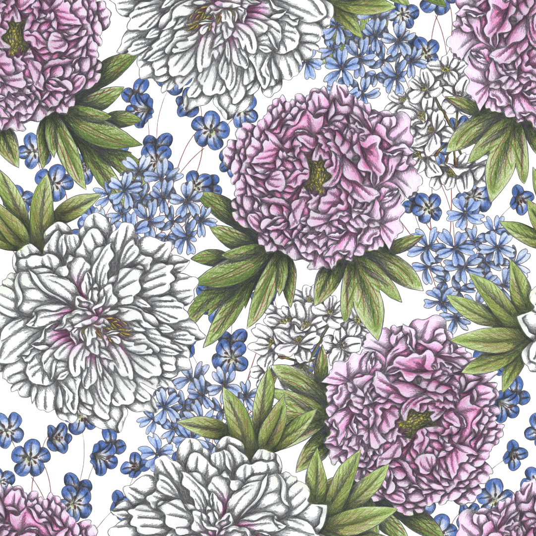 illustration of a dense botanical collage filled with blooming peonies in soft lavender, pale pink, & ivory, surrounded by clusters of delicate blue wildflowers and long sage-green leaves. the pencil texture gives the scene a layered, natural softness against a deep background, evoking a fragrant garden in midsummer. this artwork is titled “Peonies” and created by Cecilia Battaini, printed on denim products by DenimINK.