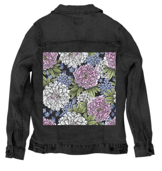 back view of a black denim jacket featuring a vivid printed collage of white &amp; blush peonies with cornflower blue wildflowers &amp; layered green foliage. the contrast against the black denim adds richness &amp; a bold botanical statement. the artwork “Peonies” by Cecilia Battaini is digitally printed on the jacket’s back panel by DenimINK.