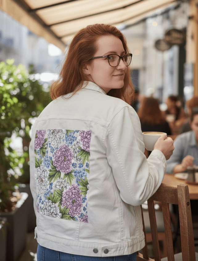 three-quarter rear view of a model seated at an outdoor café holding a white cup, wearing a white denim jacket featuring a soft pastel print of blooming peonies in pale lavender &amp; ivory, with trailing blue wildflowers &amp; leafy greens. the artwork “Peonies” by Cecilia Battaini is digitally printed on the jacket’s back panel by DenimINK.