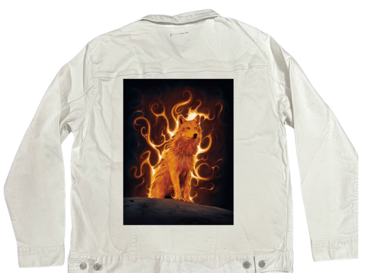 PHOENIX WOLF by VINCENT HIE,printed by DenimINK on hand-crafted Denim Jackets and other denim products and other denim products: tote bags, throw pillows, table place mats, aprons