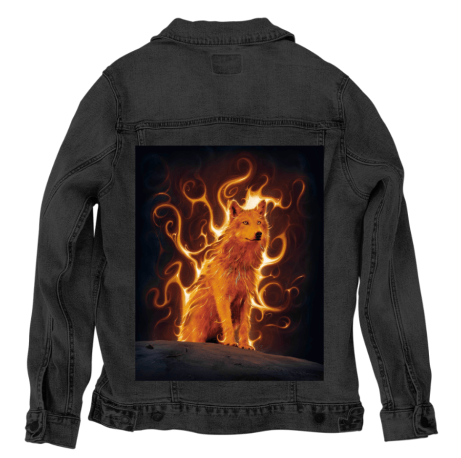 PHOENIX WOLF by VINCENT HIE,printed by DenimINK on hand-crafted Denim Jackets and other denim products and other denim products: tote bags, throw pillows, table place mats, aprons