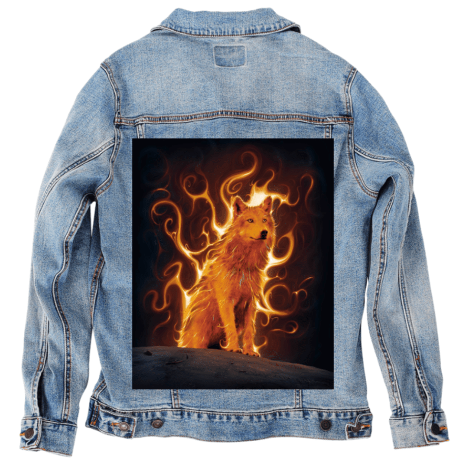 PHOENIX WOLF by VINCENT HIE,printed by DenimINK on hand-crafted Denim Jackets and other denim products and other denim products: tote bags, throw pillows, table place mats, aprons
