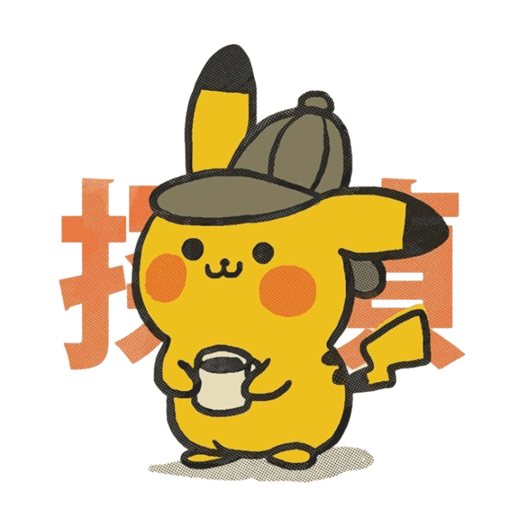 illustration of A small yellow mouse-like character standing upright, wearing a brown detective-style cap with a rounded crown and short brim. the character has black-tipped ears, red circular cheeks, and a simple smiling face with dot eyes. Both hands hold a small white cup at chest height. a lightning-shaped tail extends to the right. behind the figure, large orange Japanese characters appear with rough, blocky edges against a speckled dark background. thick black outlines and halftone grain define the il