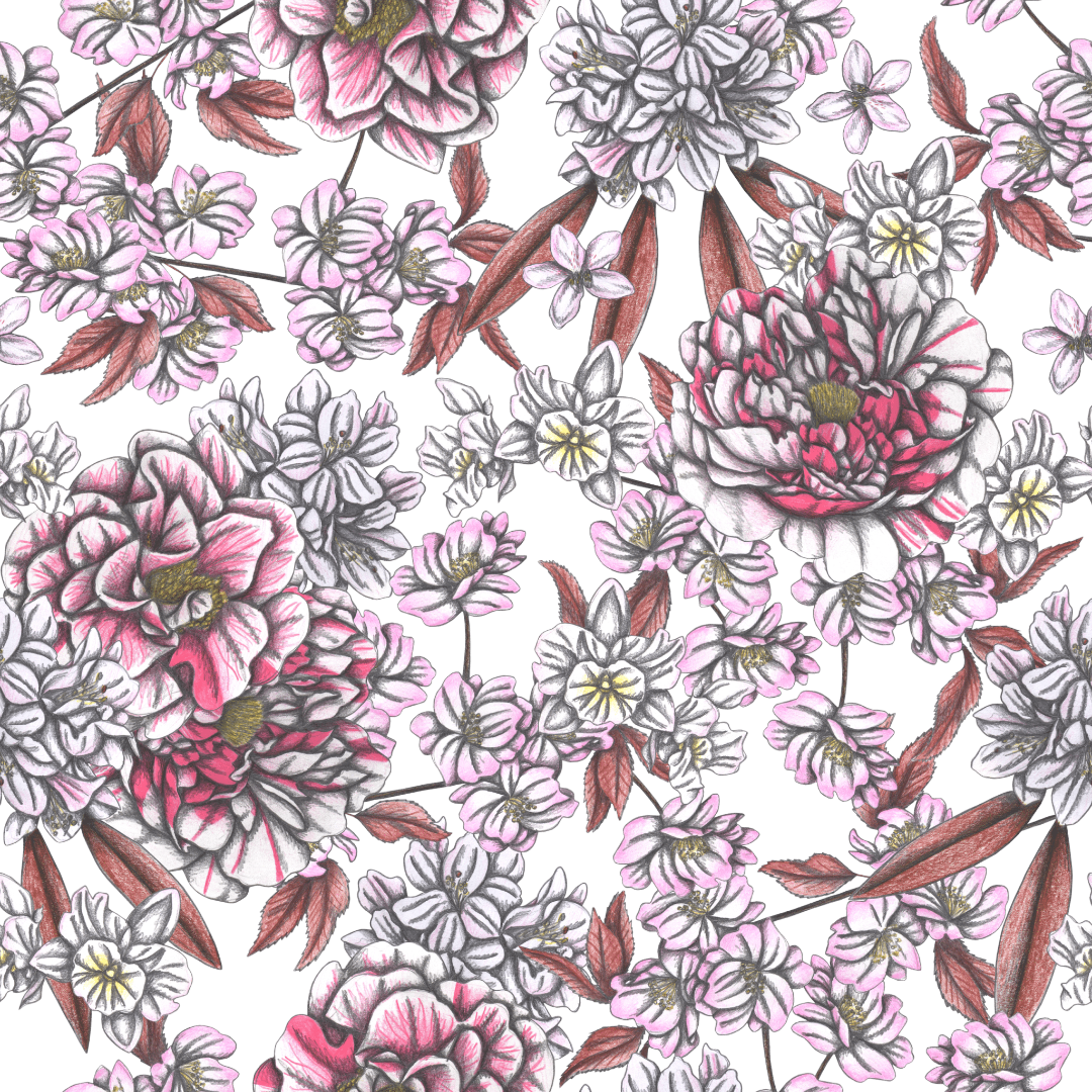 illustration of softly shaded peonies & wildflowers in blush pink, ivory & muted reds, layered with detailed pencil lines on a transparent background. petals overlap in waves of gentle bloom, accented with pale yellow centers & slender dusty rose leaves. this artwork is titled “Pink Afternoon” and created by Cecilia Battaini, printed on denim products by DenimINK.